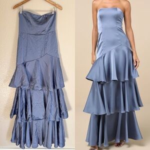 NWOT Blissfully Beautiful Slate Satin Strapless Tiered Maxi Dress